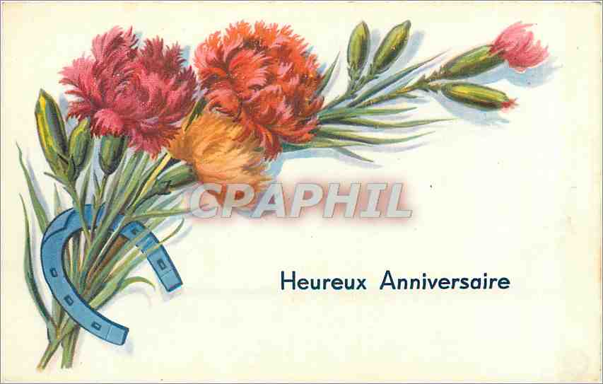 CPA Heureux Anniversaire Fleurs Fer a cheval