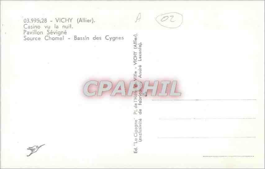 CPM Vichy Allier Casino vu la nuit Pavillon Sevigne Source Chomel Bassin des Cygnes  — Verso