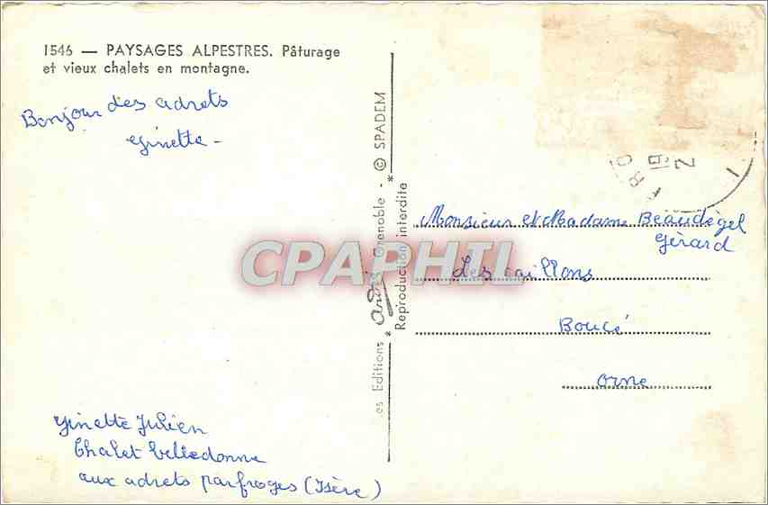 CPM Paysages Alpestres Paturage et vieux chalets en Montragne  Vaches — Rückseite
