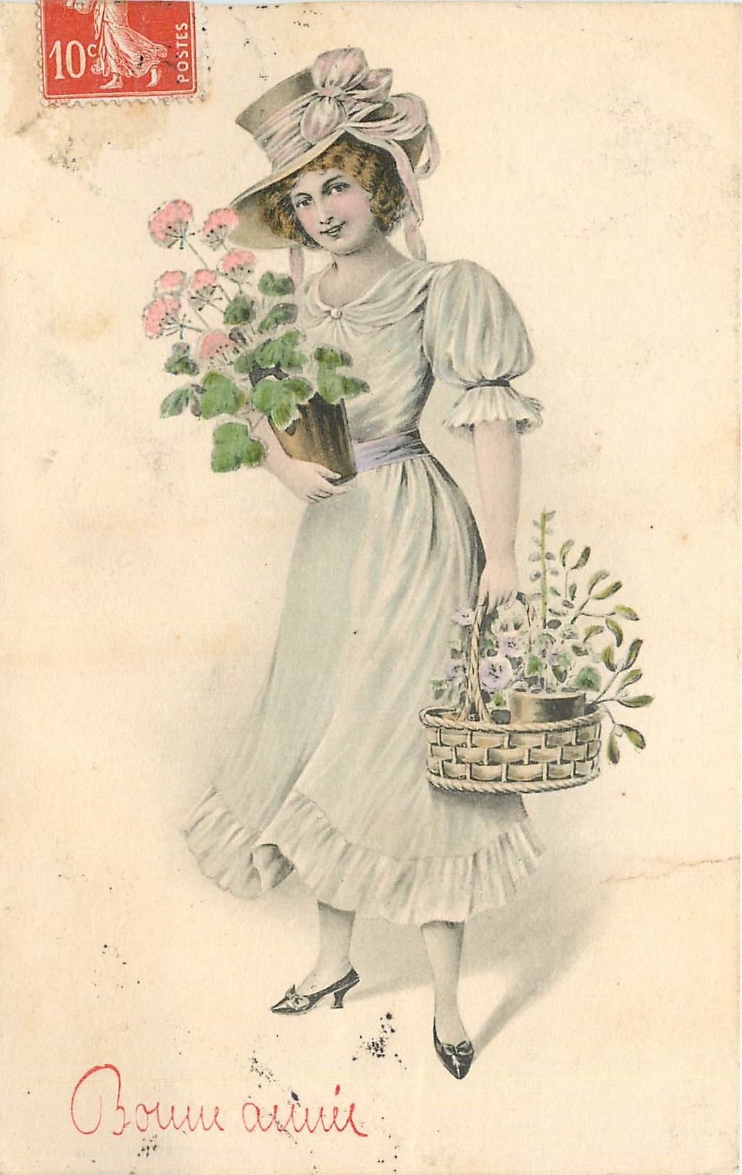 Jeune femme en robe claire tenant des fleurs — éditeur inconnu, série 502