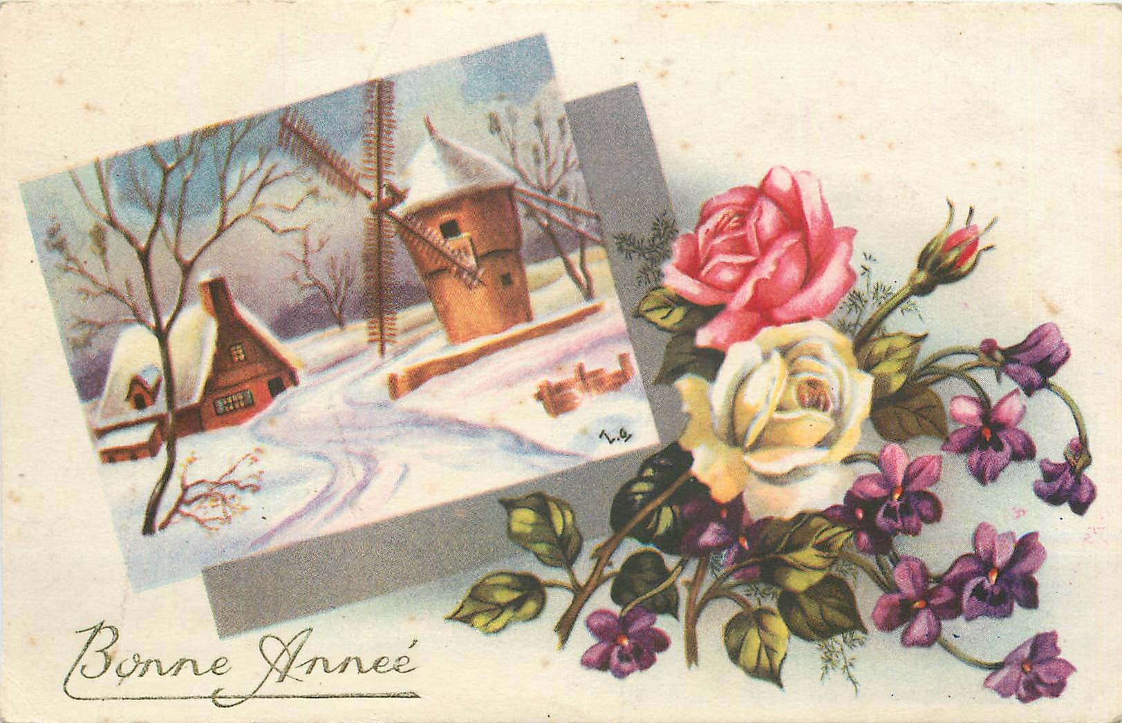 CPA Bonne Annee Fleurs Moulin a vent