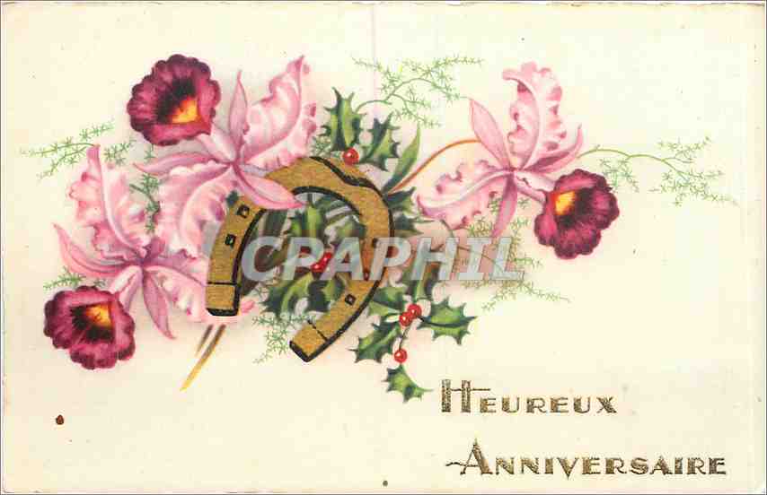 CPA Heureux Anniversaire Fleurs Fer a cheval