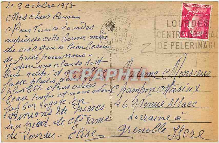 CPA A la Grotte de Lourdes jai prie pour vous Bernadette Soubirous — Verso