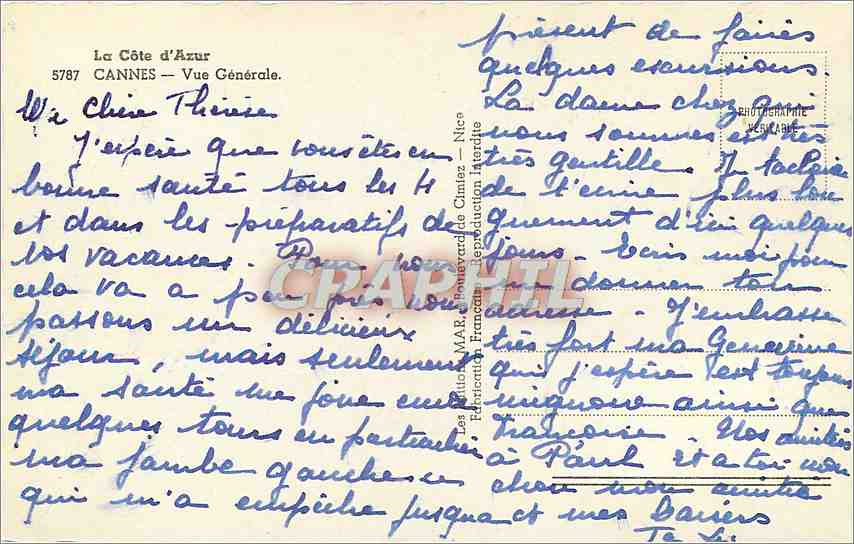 CPA La Cote d'Azur Cannes Vue Generale  — Verso