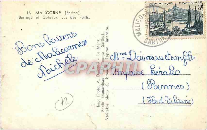 CPM Malicorne Sarthe Barrage et Coteaux vus des Ponts  — Rückseite