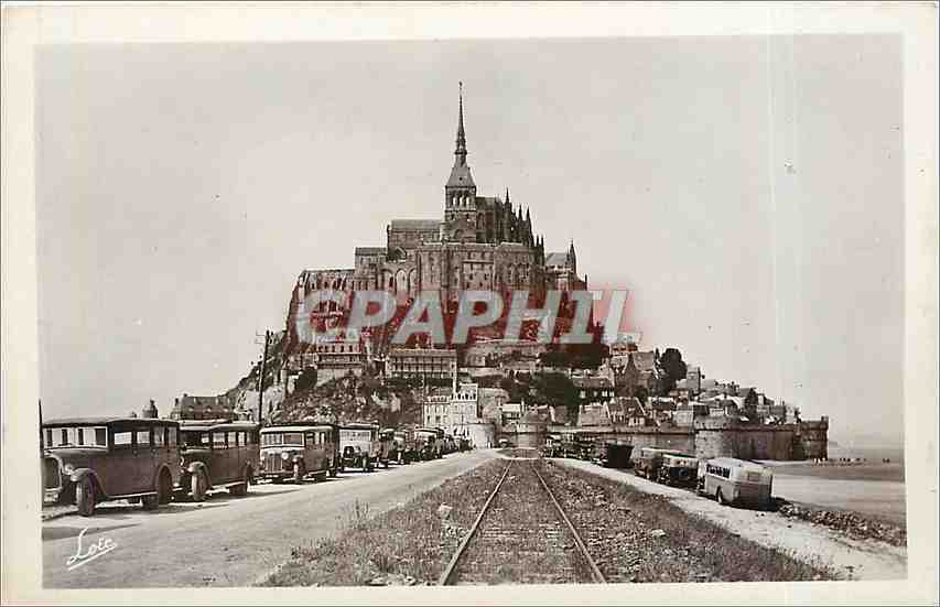 Mont-Saint-Michel — Vue de la côte sud avec véhicules et voie ferrée — Laurent-Nénes, n°190