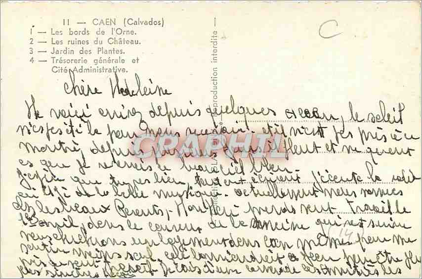 Caen (Calvados) — Les bords de l'Orne, les ruines du Château, Jardin des Plantes, Trésorerie générale et Cité Administrative — Verso