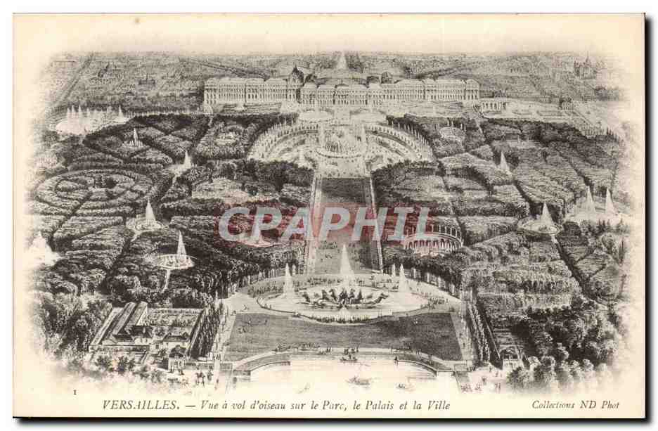 Versailles - Palais de Versailles - Vue a vol oiseau sur le parc le palais et la ville - CPA 