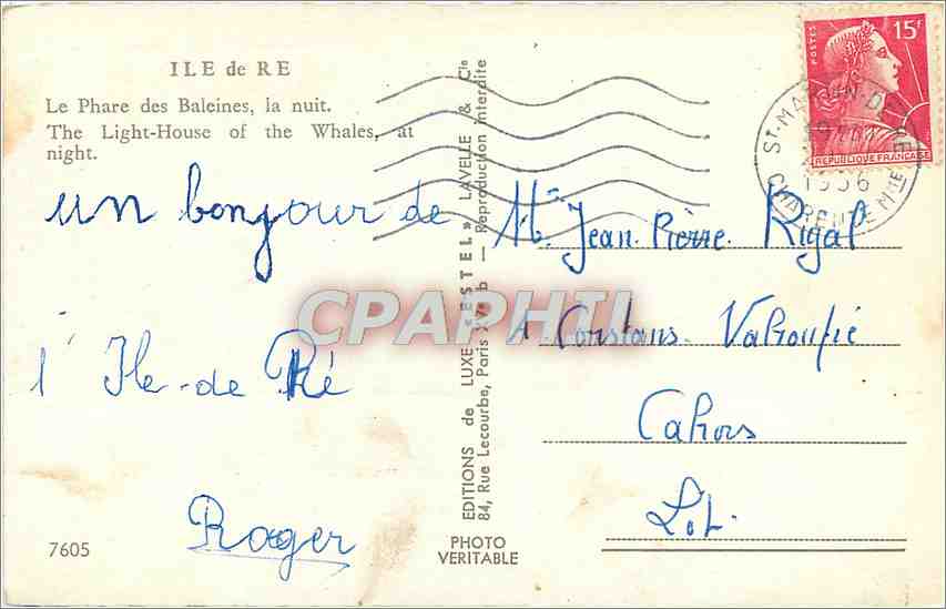 CPM Ile de Re Le Phare des Baleines la nuit  — Back