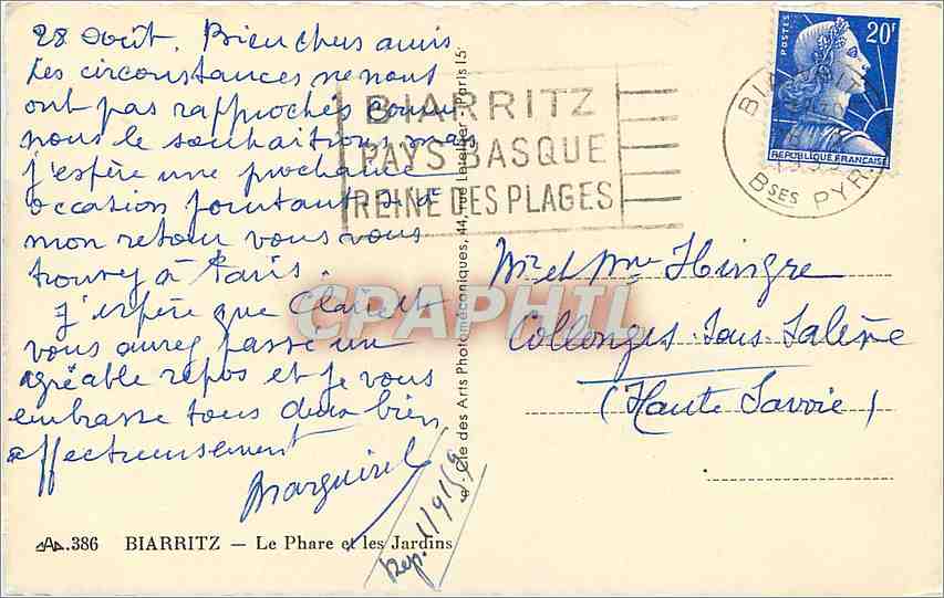 CPA Biarritz Le Phare et les Jardins  — Verso