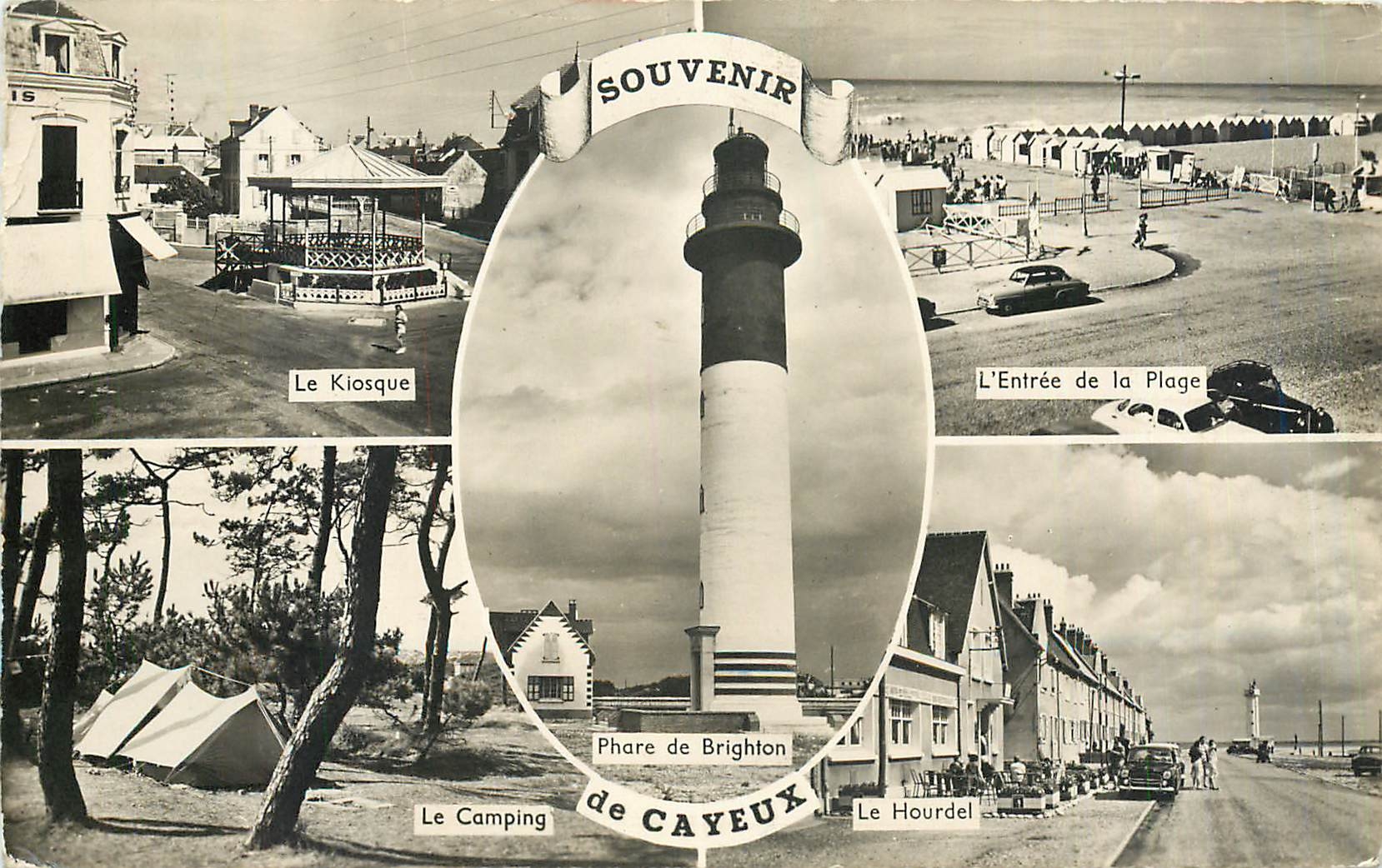 CPM Souvenir de Cayeux Le kiosque Le camping L'entree de la plage Phare de Brighton Le Hourdel