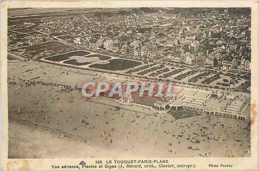 Le Touquet-Paris-Plage — Vue aérienne, Piscine et Digue — (A. Bérard, arch., Glavier, entrepr.) — Photo Poccey