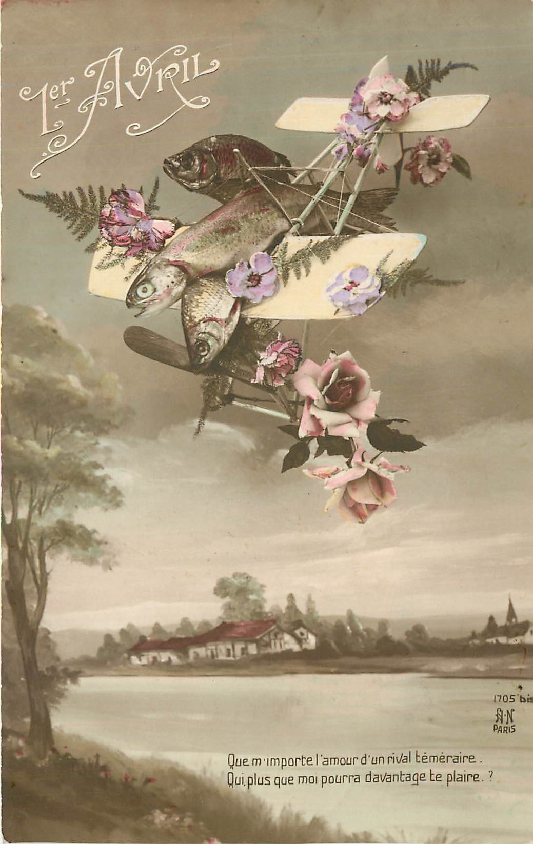 CPA Avril Que m'importe l'amour d'un rival temeraire Fleurs Aviation Avion