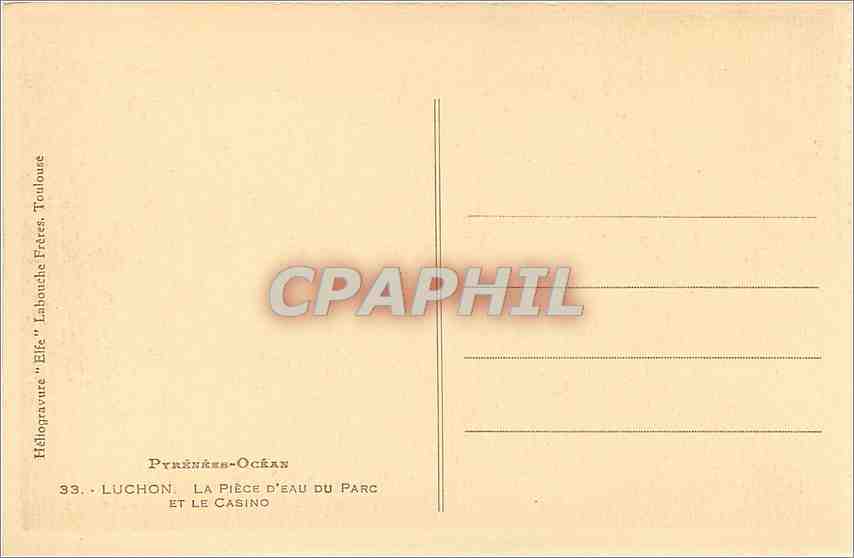CPA Pyrenees Ocean Luchon La Piece d'Eau du Parc et le Casino  — Rückseite