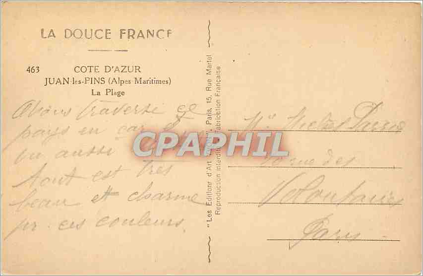 CPA Cote d'Azur Juan les Pins Alpes Maritimes La Plage  — Rückseite