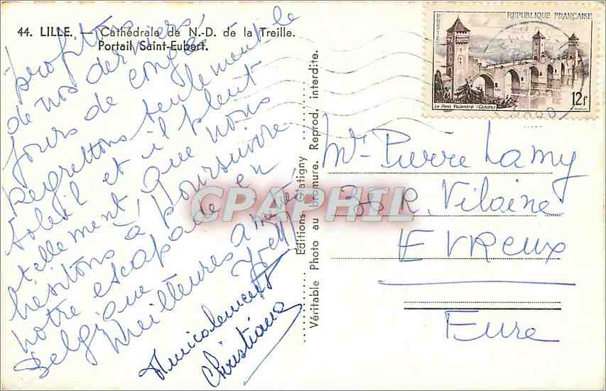 CPM Lille Cathedrale de ND de la Treille Portail Saint Eubert  — Rückseite