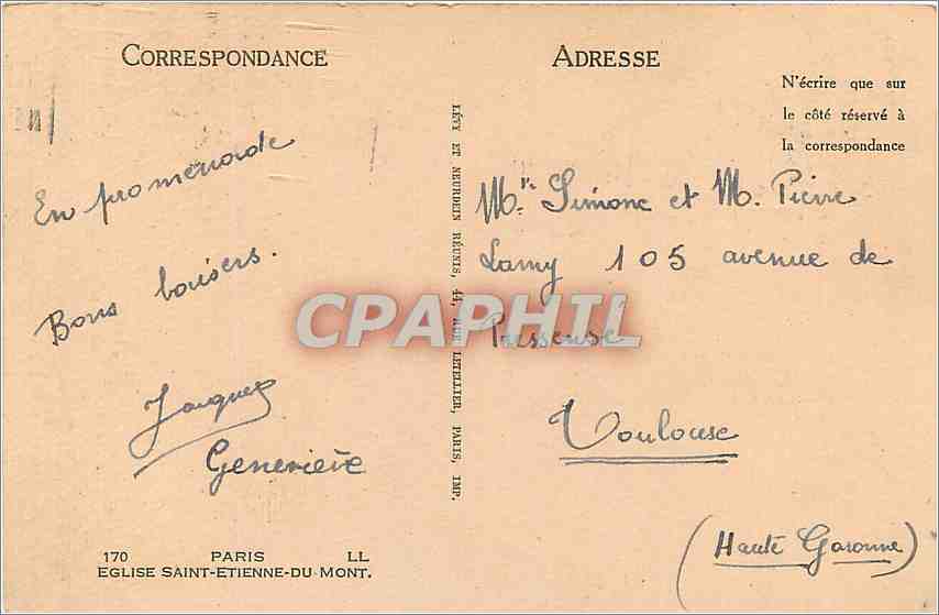 CPA Paris Eglise Saint Etienne du Mont  — Verso