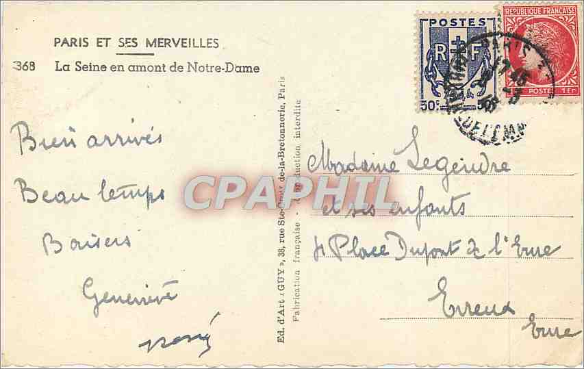 CPM Paris et ses Merveilles La Seine en amont de Notre Dame  — Verso