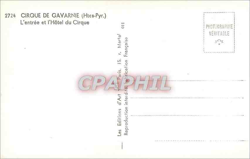 Cirque de Gavarnie (Htes-Pyr.) — L'entrée et l'Hôtel du Cirque — Éditions d'Art, Paris — Rückseite