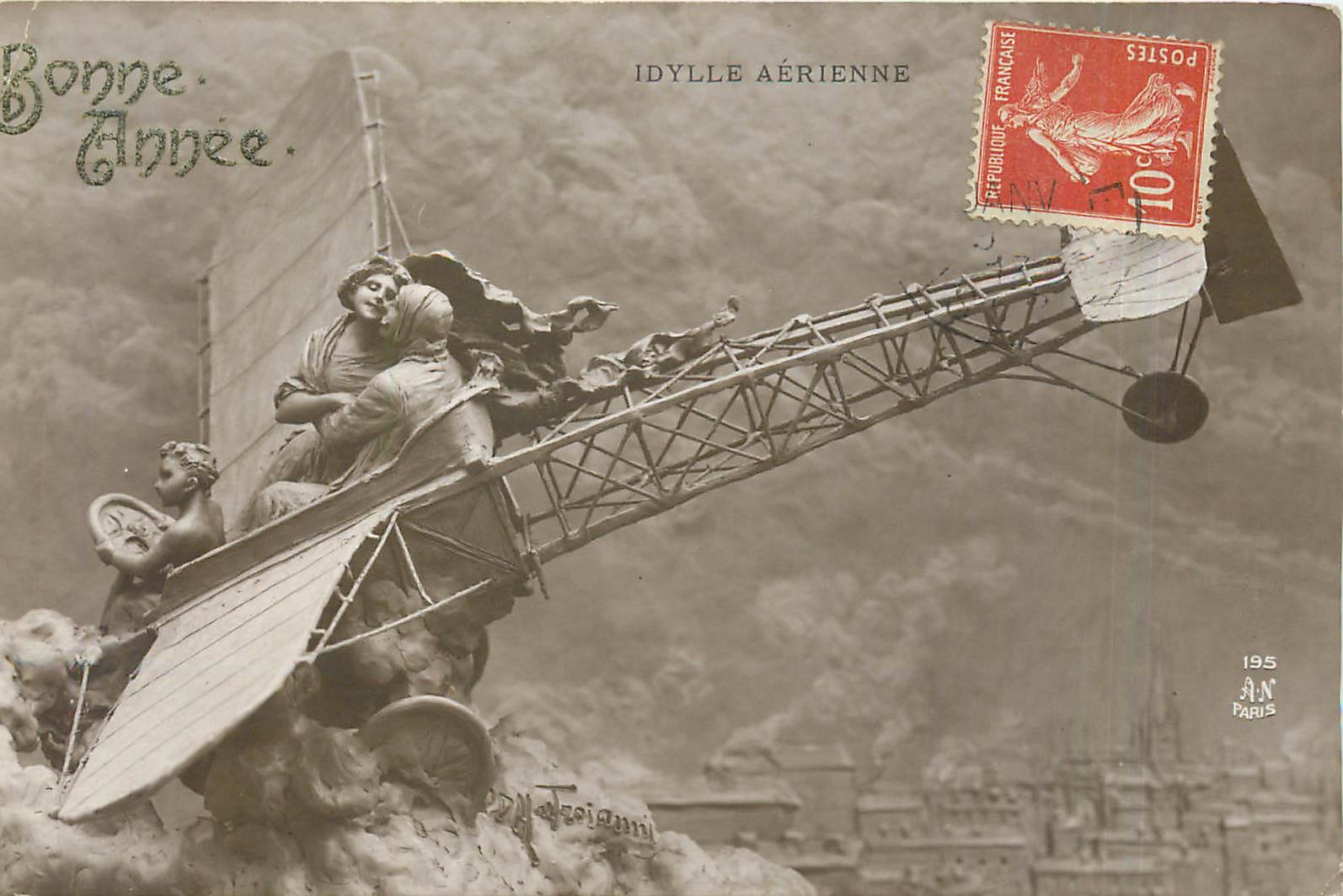 CPA Bonne Annee Idylle Aerienne Avion Aviation