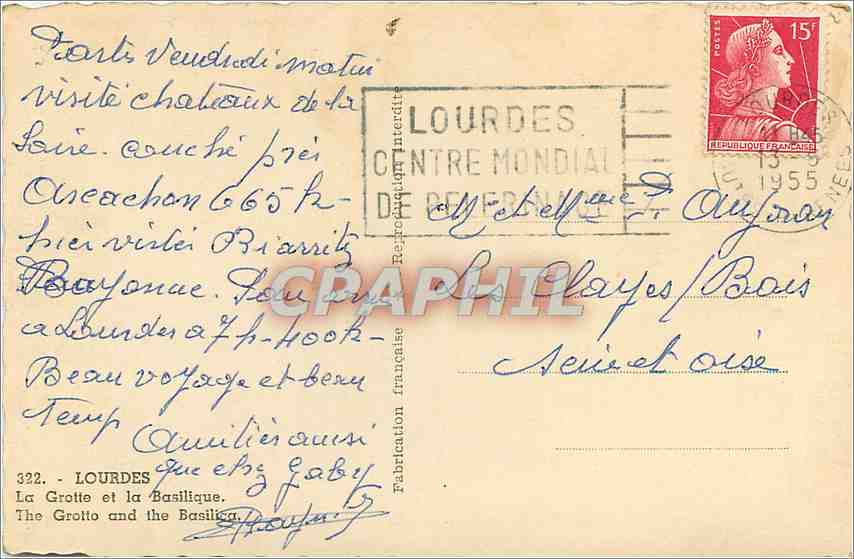 CPM Lourdes La Grotte et la Basilique  — Verso