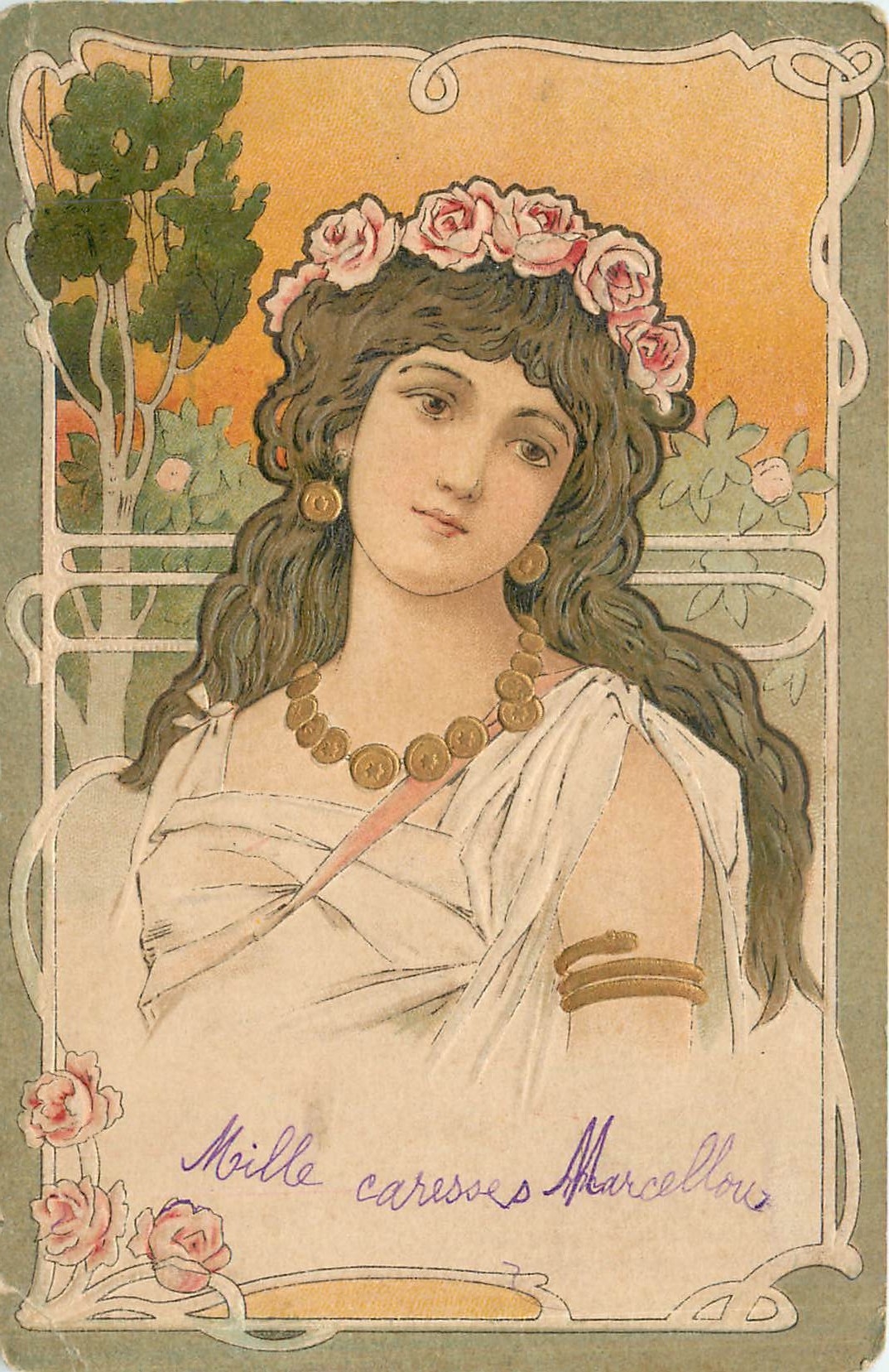 Jeune femme en couronne de roses — style Art Nouveau — éditeur Marcelleux, n° de série non visible