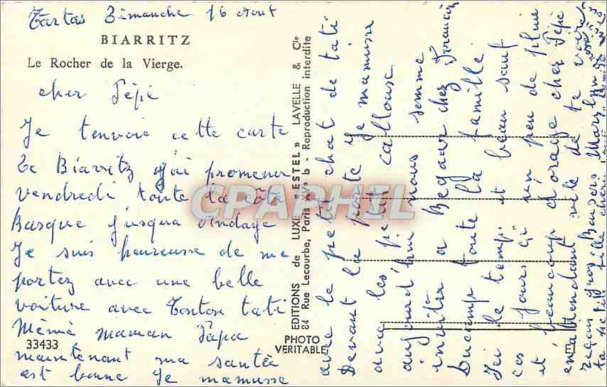 Le Rocher de la Vierge à Biarritz — Éditeur Etel, n°33433 — Rückseite