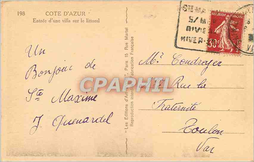 CPA COTE D'AZUR Entree d'une villa sur le littoral — Rückseite