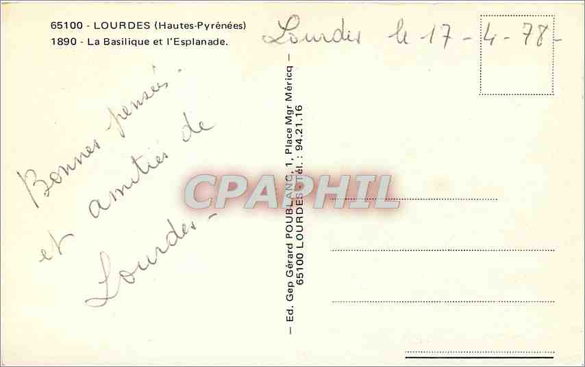 Lourdes — Die Basilika und die Esplanade — Verlag Gérard Poulanc — Rückseite