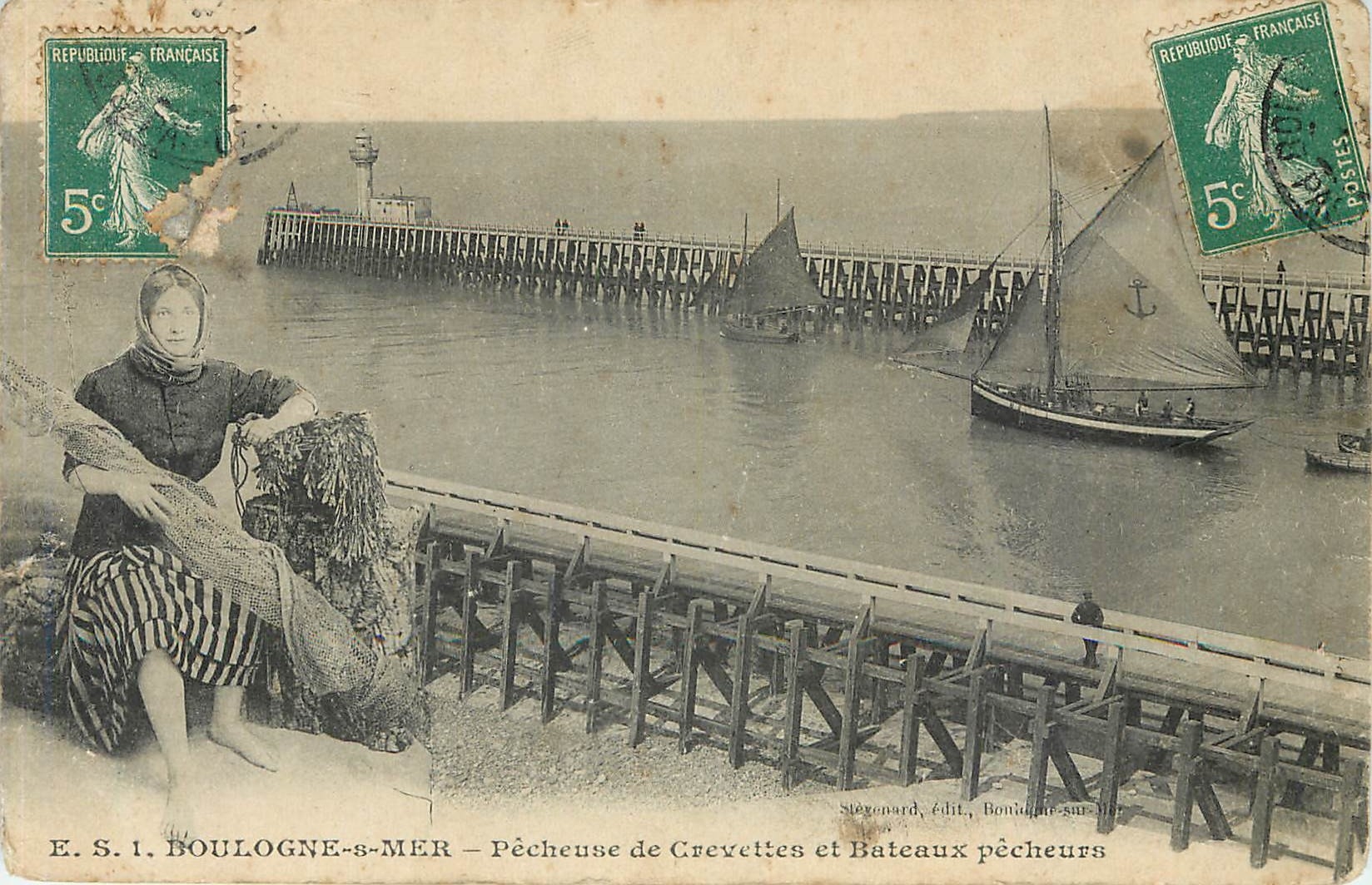 Boulogne-sur-Mer — Krebserfischerin und Fischerboote — Stegenard, Verlag, Bonnigues-sur-Mer