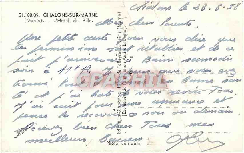 Chalons-sur-Marne — L'Hôtel de Ville et la cathédrale — La Cigogne, n° 51.108.09 — Verso