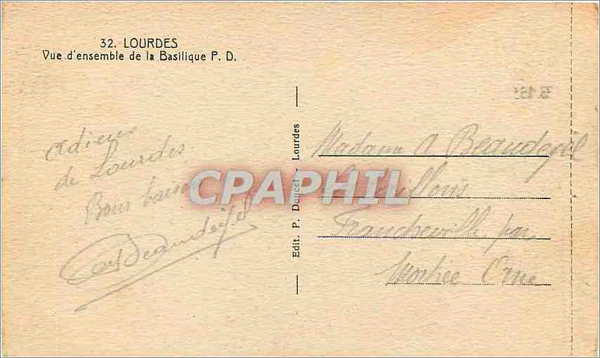 CPA LOURDES La Basilique — Verso
