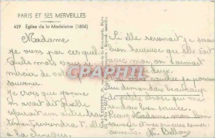 CPM Eglise de la Madeleine Paris — Verso