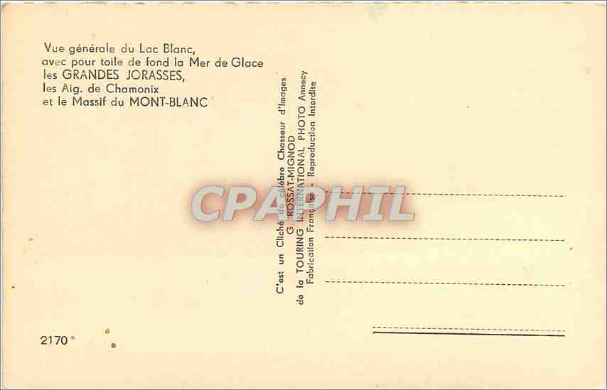 CPM Vue générale du Lac Blanc avec pour toile de fond la Mer de Glace les GRANDES JORASSES  les Aig  — Verso