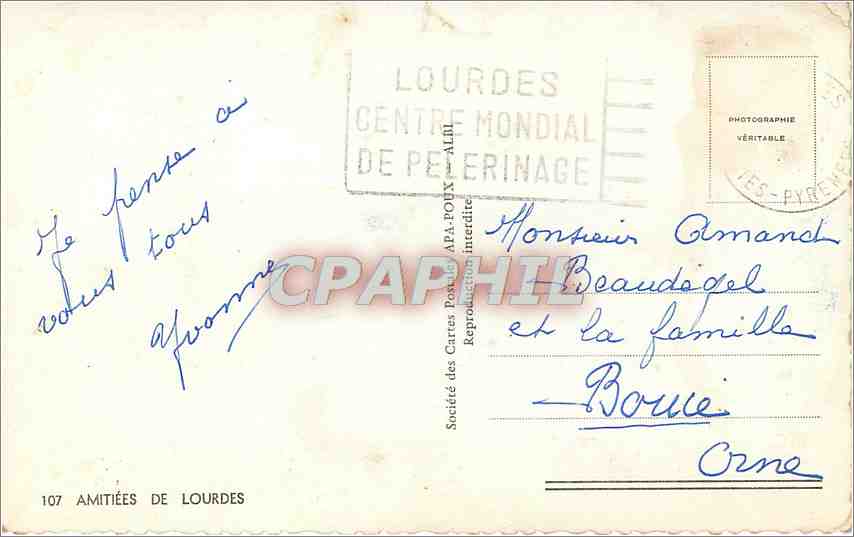 CPA AMITIES DE LOURDES — Verso