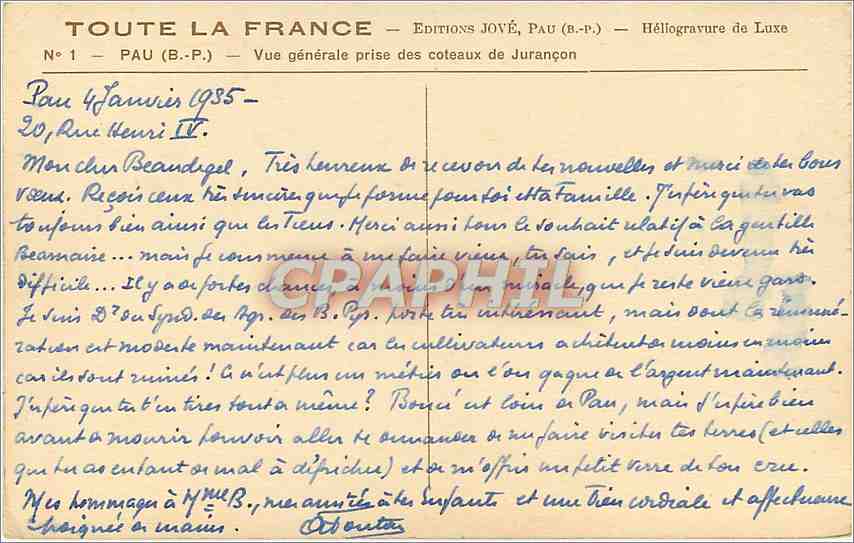 CPA Vue générale prise des coteaux de Jurançon Pau — Rückseite