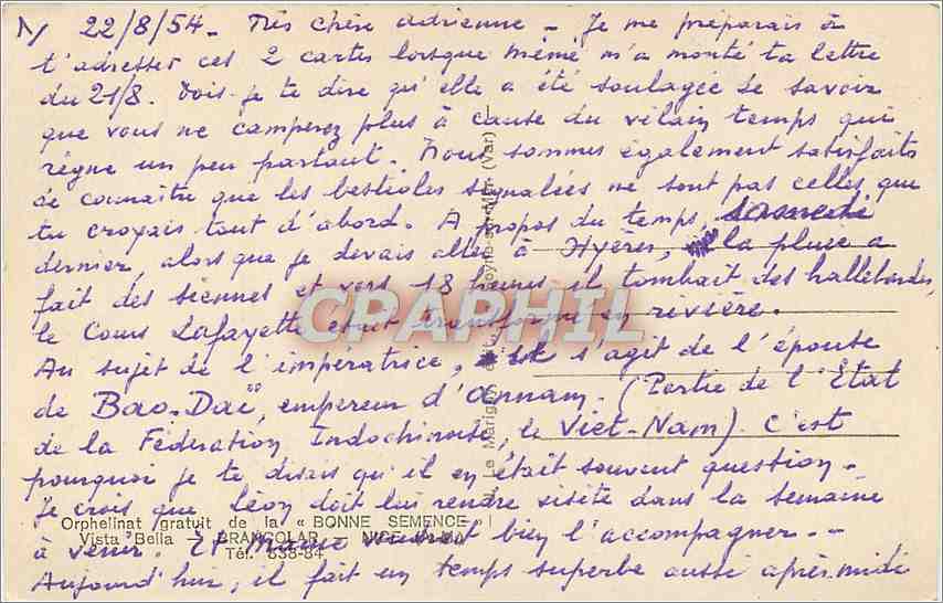 CPA Orphelinat gratuit de la BONNE SEMENSE" Vista Bella - BRANCOLAR - NICE — Verso