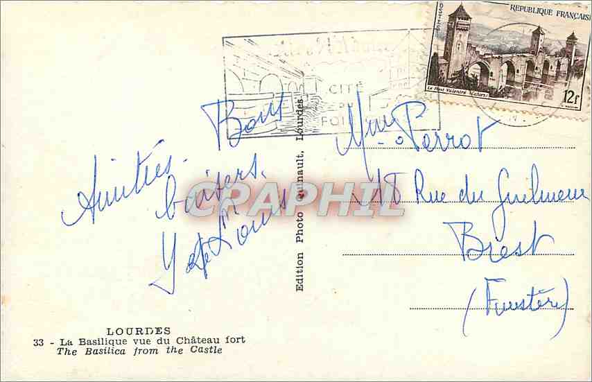 CPA LOURDES La Basilique vue du Château fort — Verso