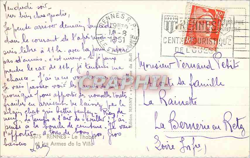 CPA RENNES - Le Thabor et les Armes de la Ville — Verso