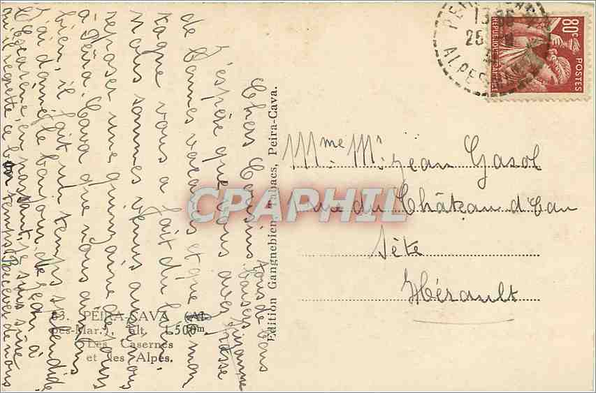 CPA PEIRA-CAVA Les Casernes et les Alpes — Verso
