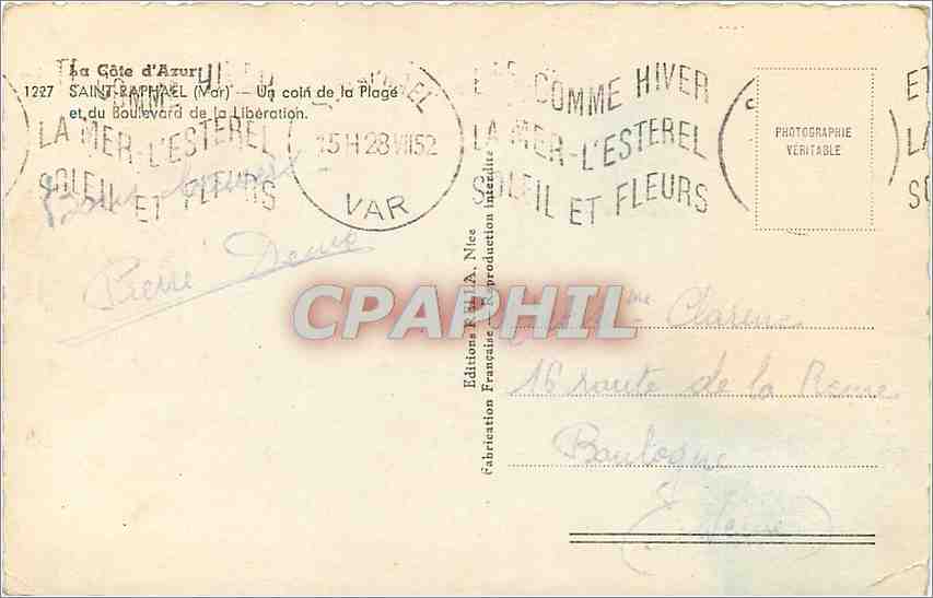 CPM SAINT-RAPHAEL - Un coin de plage Hotel Les Algues — Verso