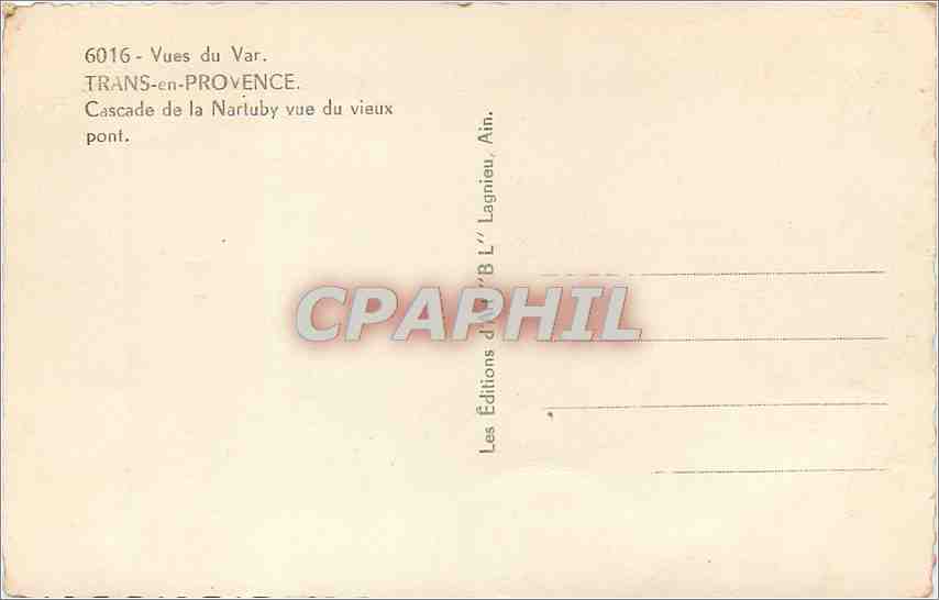 Cascade de la Nartuby — vue du vieux pont — Les Éditions de B.L. Lagnieu, Ain — Verso