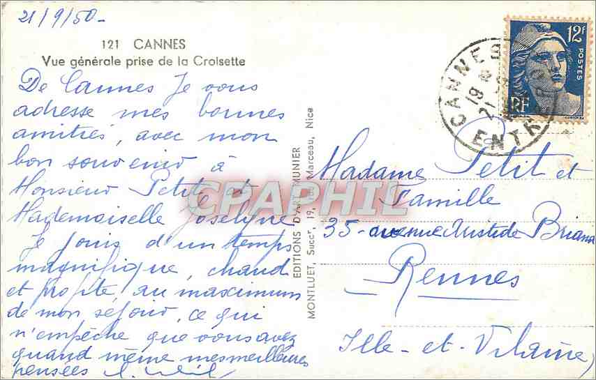 CPM Cannes - Vue générale prise de la Croisette — Verso