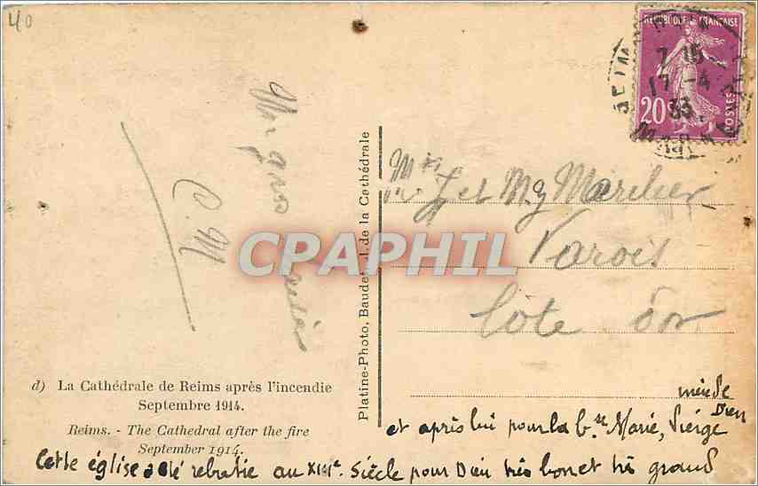 CPA La Cathédrale de Reims après l'incendie Septembre 1914 — Rückseite