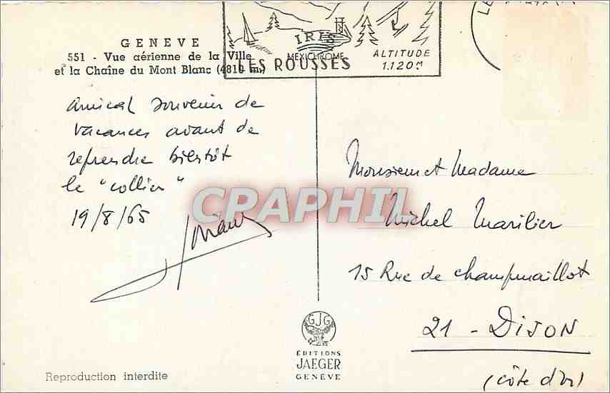 CPM GENEVE Vue aérienne de la ville et la chaîne du Mont Blanc — Verso