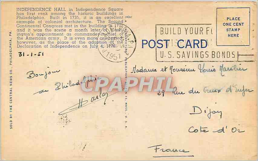 CPA INDEPENDANCE HALL CRADE OF LIBERTY PHILADELPHIA PENNSYLVANIA Aigle Cloche — Back