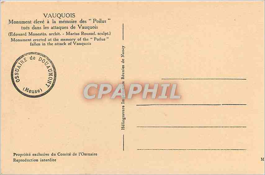 CPA VAUQUOIS-Monument eleve a la memore des "poilus" tues dans les attaques de Vauquois — Rückseite
