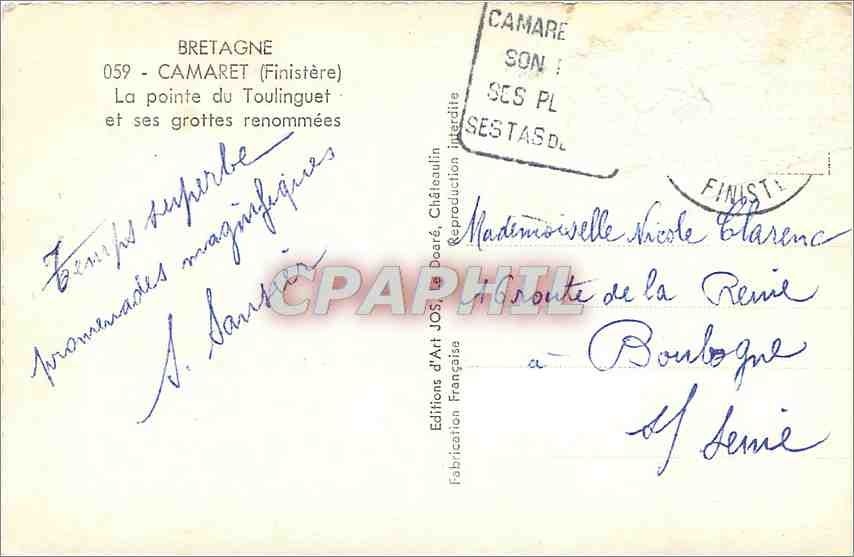 CPA BRETAGNE-CAMARET(F inistère) la pointe du Toulinguet et ses grottes renommées — Rückseite