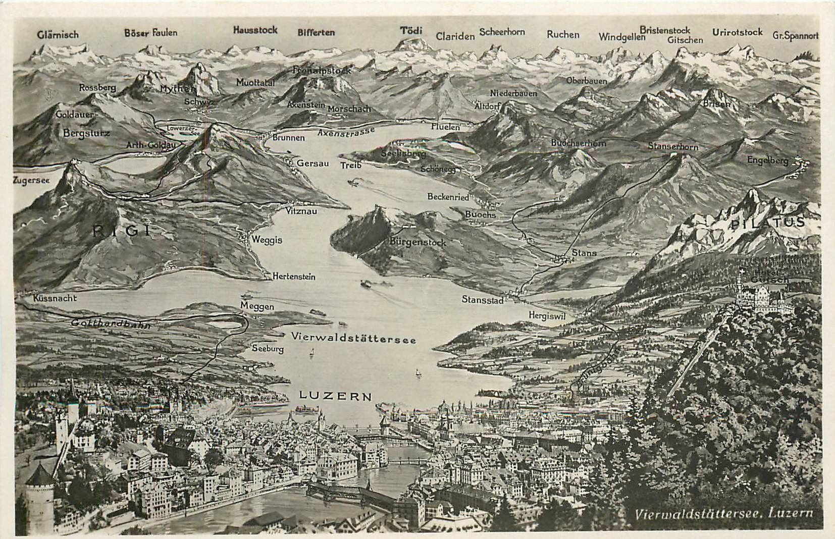Vierwaldstättersee, Luzern — Luftbild der Berge und des Sees — Photoglob-Wehrli-Vouga A.-G., Zürich