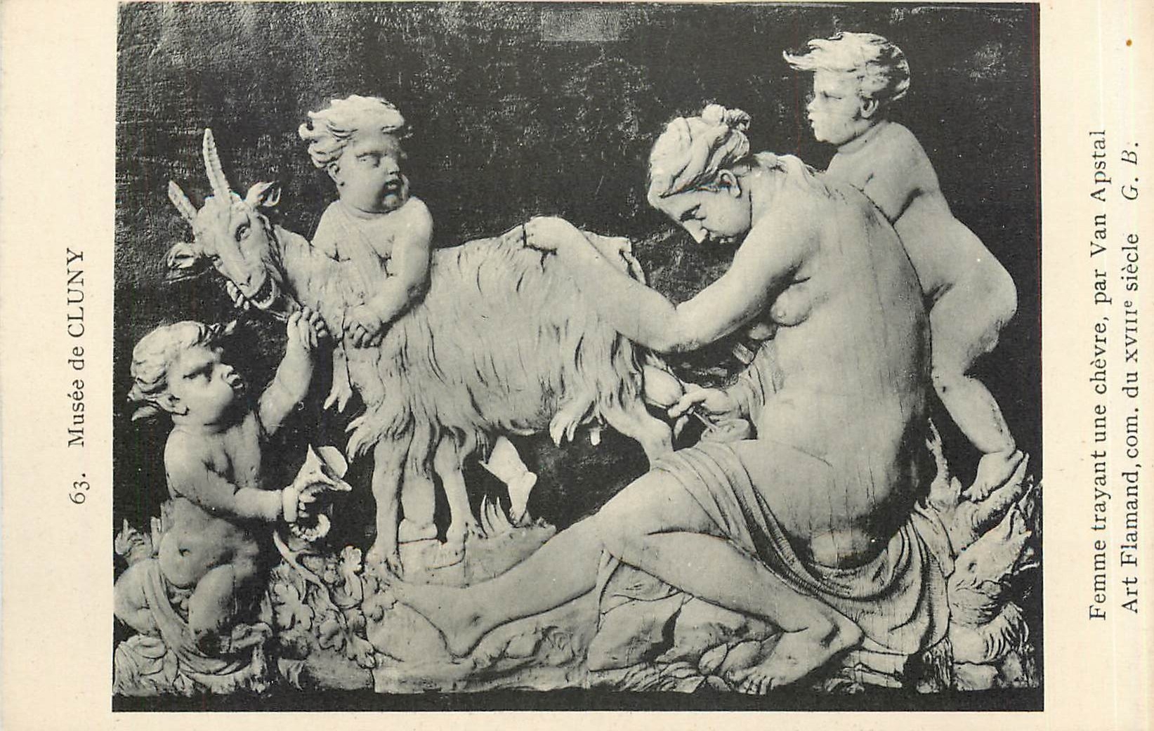 Femme trayant une chèvre — sculpture flamande du XVIIIe siècle — Musée de Cluny — éditeur G. B. Apstal